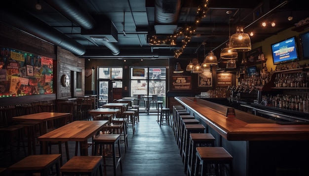 Bar de luxo dentro de prédio moderno iluminado à noite gerado por IA