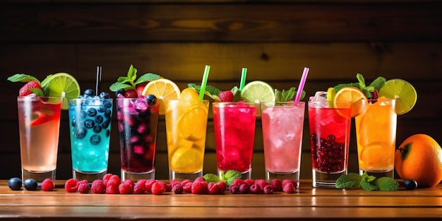 Bar de mocktails refrescante e colorido com palhinhas funky e guarnições de frutas exóticas Generative ai