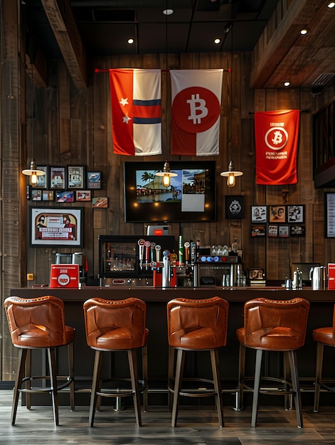 Bar deportivo con Bitcoin Trivia Night Bitcoin Pennants Gra Crypto Concept Tendencia de fondo de la foto