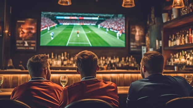 En un bar deportivo tres hombres ven fútbol en la televisión generado por la IA