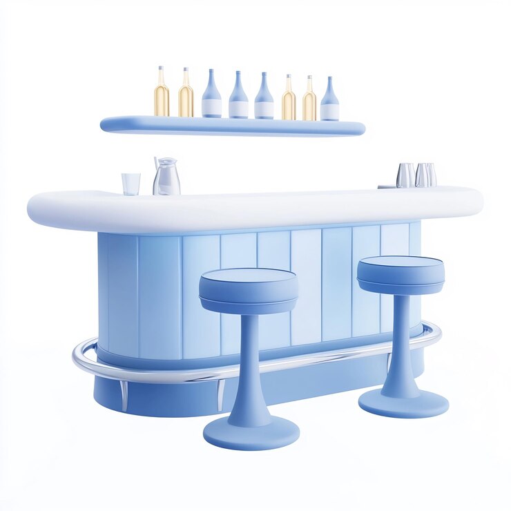 Foto bar de dibujos animados 3d minimalista con diseño azul y blanco
