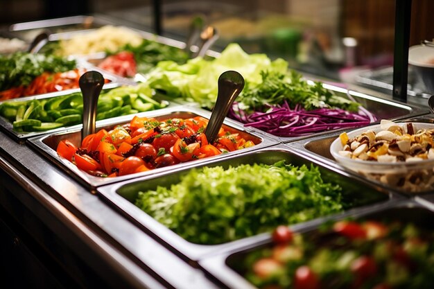 Bar de ensaladas con una selección de verduras frescas y opciones de proteínas