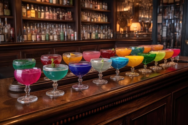 Bar con fila de coloridos cócteles, cada uno con su propia guarnición única creada con ai generativa