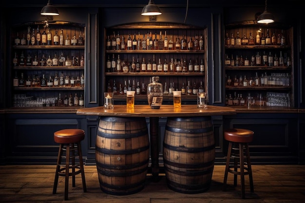 un bar con un gran barril de cerveza de madera en la barra del bar.