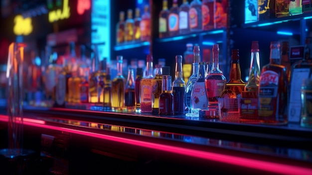 Un bar con una hilera de botellas de licor