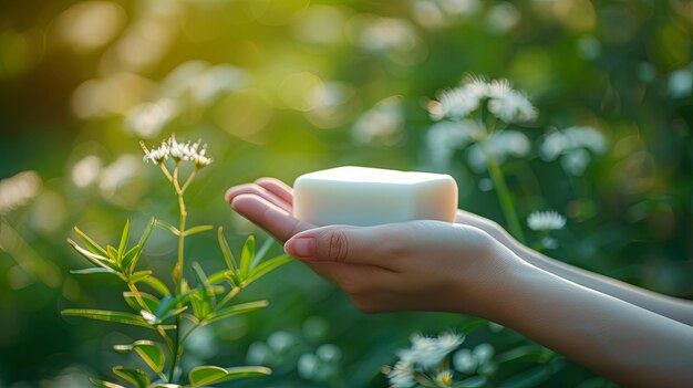 Bar de jabón con la mano spa naturaleza diseño de fondo de pancarta