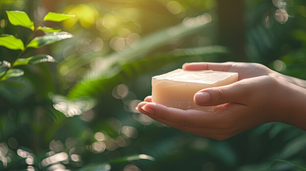 Bar de jabón con la mano spa naturaleza diseño de fondo de pancarta