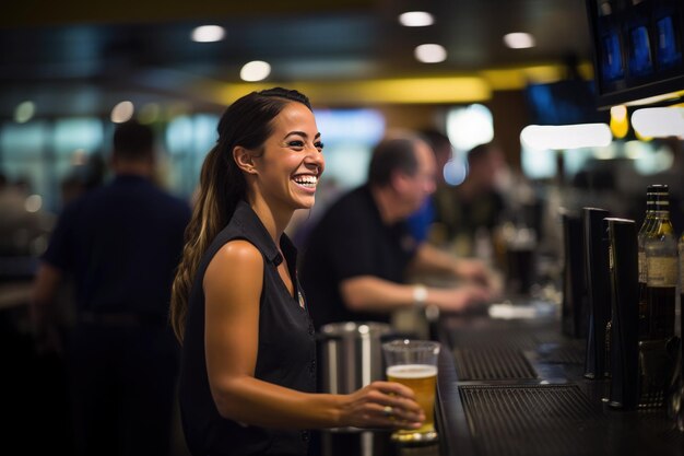 Bar-Kellnerin, die glücklich ein Bier serviert, KI-Generativ