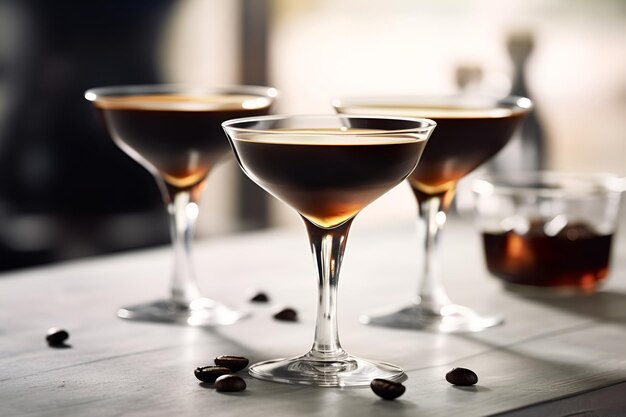 Un bar con martinis espresso y una taza de café sobre la mesa