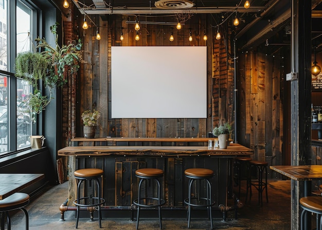 Foto bar mit stühlen und einem großen plakat an der wand