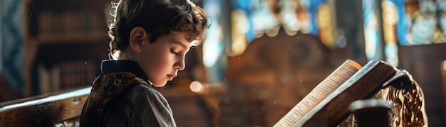 Foto bar mitzvah judaico foco em um menino lendo a torá com um fundo de sinagoga espaço vazio direito para o texto