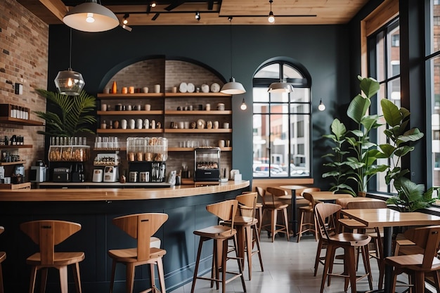 Bar de mostrador interior de una cafetería con sillas