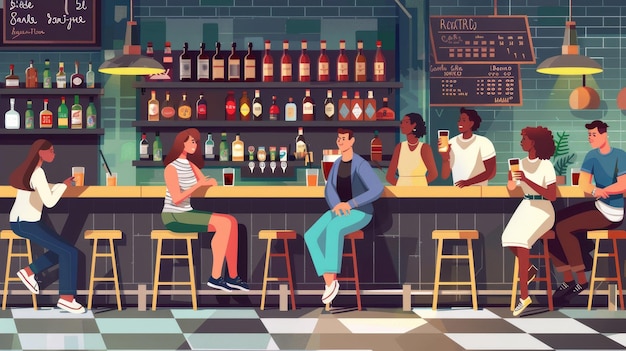 Foto bar or pub with happy people sitting on stools modern flat illustration of a bar counter shelves bottles and a bartender girl with drinks