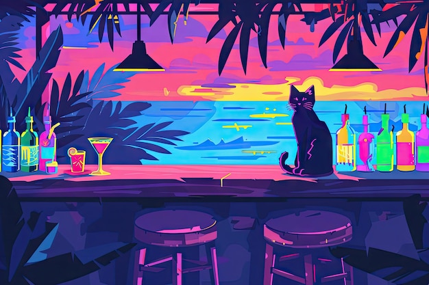 Bar de playa con bebidas de color Gatos felices Una pareja pide dos cócteles en un bar de playa