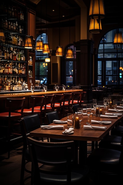 Bar y restaurante elegantes con iluminación tenue y una larga mesa de madera para un grupo grande