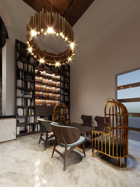 Bar restaurante moderno de diseño moderno con biblioteca y armario con libros. Representación 3D.