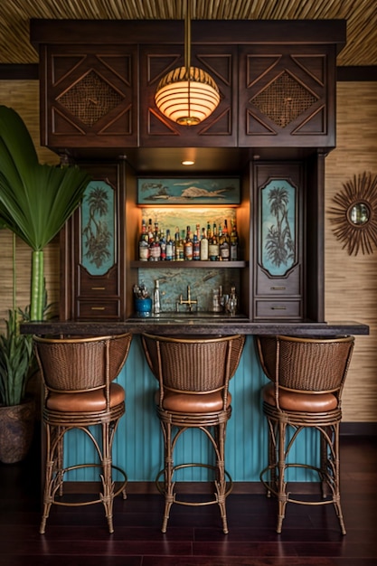 Un bar temático tropical con un mural de palmeras tropicales en la pared.