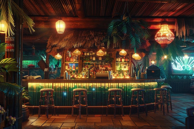 El bar de tiki dinámico sirve coct de inspiración tropical