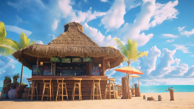 bar tiki na praia com uma palmeira e um céu azul com nuvens ao fundo Rede neural gerada em maio de 2023 Não baseado em nenhuma cena ou padrão de pessoa real