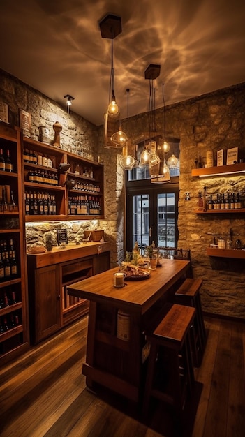 Un bar de vinos con una mesa de madera y una puerta de vidrio que dice "vino"