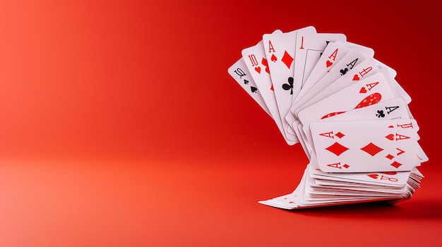 Una baraja de cartas se extiende en un arco sobre un fondo rojo las cartas están todas mirando hacia arriba y la carta superior es el as de picas