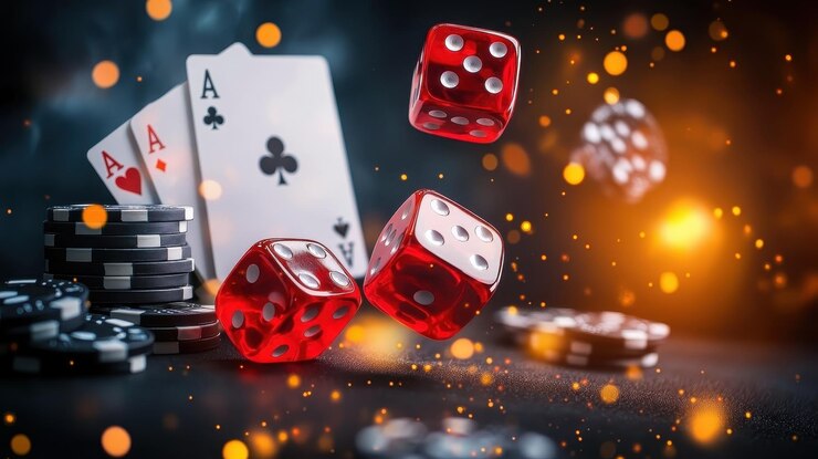 Una baraja de cartas y tres dados rojos están esparcidos en una mesa