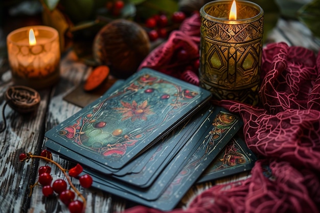 Foto una baraja de tarot con té de frutas