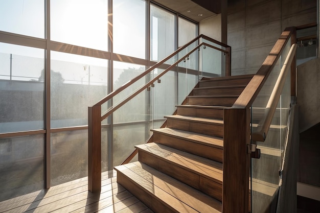 Barandilla de madera en una escalera de escalera de hormigón dentro de la estructura
