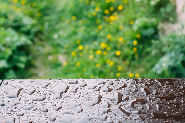 Barandilla de madera mojada de la terraza Detalle de la arquitectura en gotas de agua después de la lluvia