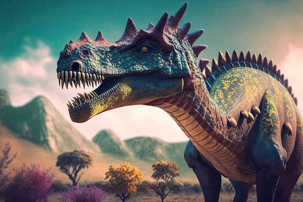 Barapasaurus colorido dinosaurio peligroso en la exuberante naturaleza prehistórica por IA generativa