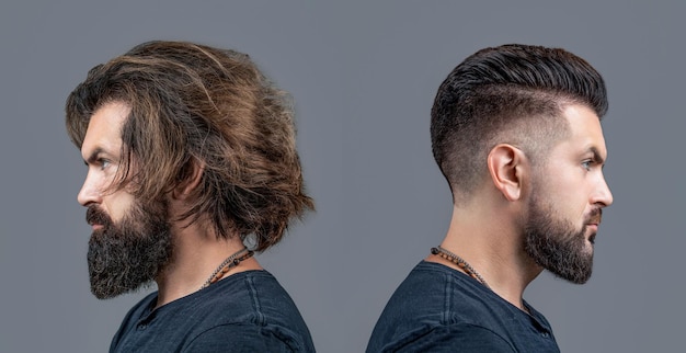 Barba larga estilo de cabello estilista vs belleza masculina comparación  afeitado peinado barba afeitada antes después collage hombre antes y  después de visitar la barbería diferentes cortes de pelo bigote barba |
