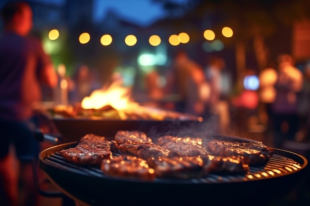 Barbacoa al aire libre con amigos y familiares bistec y pollo a la parrilla con fondo de persona borrosa