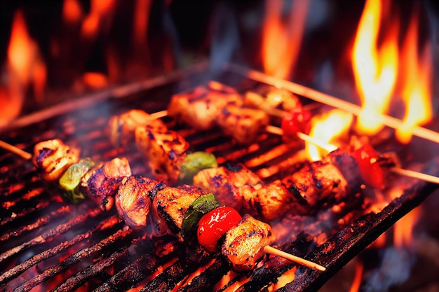 Barbacoa de carne de cerdo y kebab de verduras a la parrilla caliente cocinando en humo y llama abierta