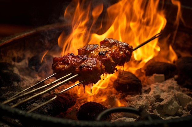 una barbacoa con carne y un fuego de fondo