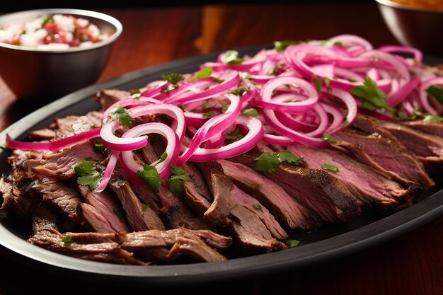 Foto barbacoa de carne salgada com cebolas em conserva e cilantro