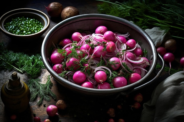 Foto barbacoa de carne salgada com cebolas em conserva e cilantro