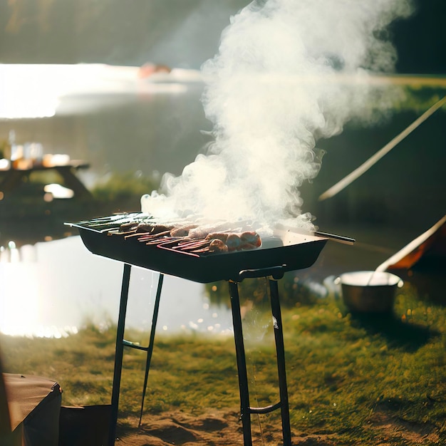 barbacoa en el lago acampada en el verano