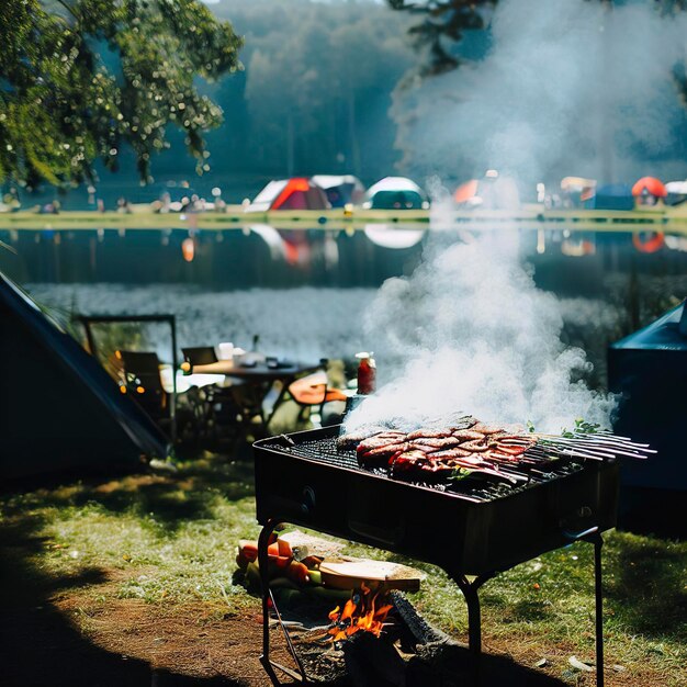 barbacoa en el lago acampada en el verano