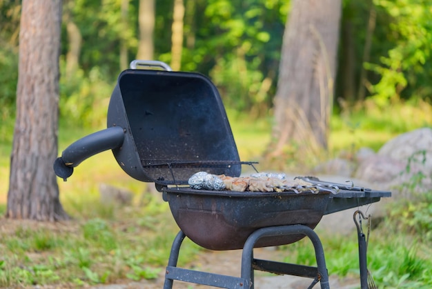 Barbacoa mangal con tapa superior en el hermoso fondo del bosque Proceso de cocción de carne a la parrilla a la parrilla