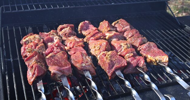 Barbacoa a la parrilla de deliciosas brochetas de ternera con humo de las brasas