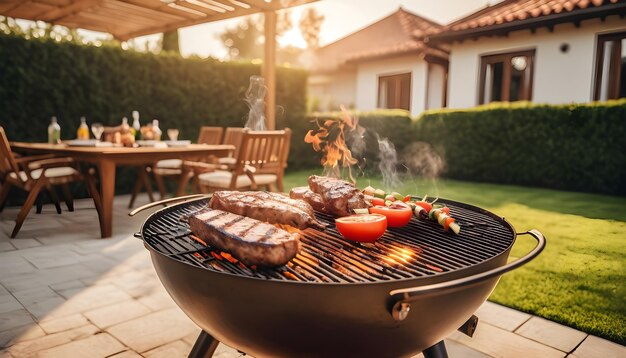 Foto barbacoa de parrilla en el jardín de la villa