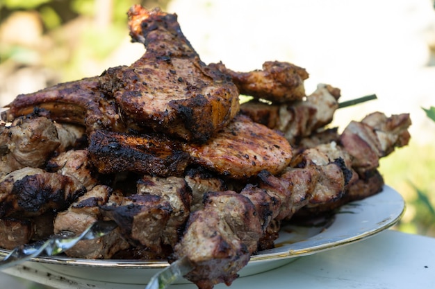 Barbacoa a la parrilla. Piezas de carne preparadas en brochetas.