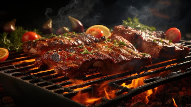 Barbacoa a la parrilla con salsa de barbacoa derretida y verduras cortadas fondo borroso