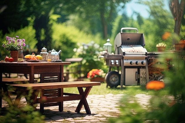 Barbacoa en el patio trasero de verano con parrilla y mesa de madera fondo borroso