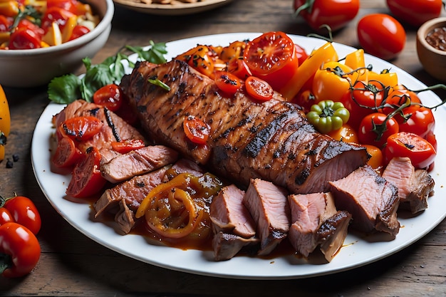 barbacoa con una variedad de carnes con tomates y pimientos en un plato blanco