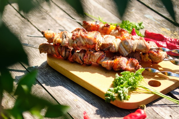 Barbacoa y verduras recién cocidas en una mesa de madera. Almuerzo de verano en la naturaleza.