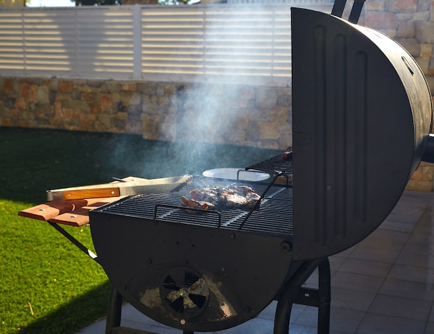 Barbacoa con vista lateral de humo.