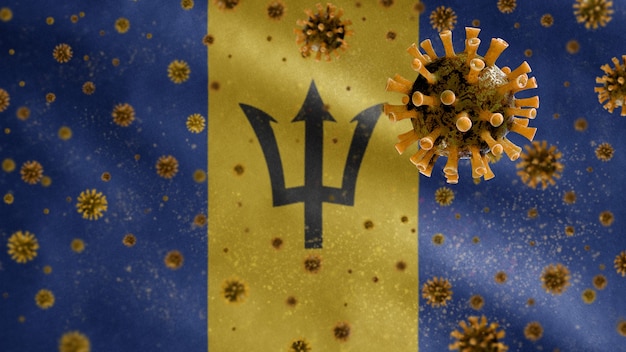 Barbadische Wellenflagge und Coronavirus-Mikroskopvirus