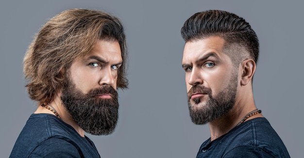 Barbear barbear barbear barba antes depois de barba longa estilo de cabelo estilista de cabelo colagem homem antes e depois de visitar barbearia corte de cabelo diferente barba bigode comparação de beleza masculina