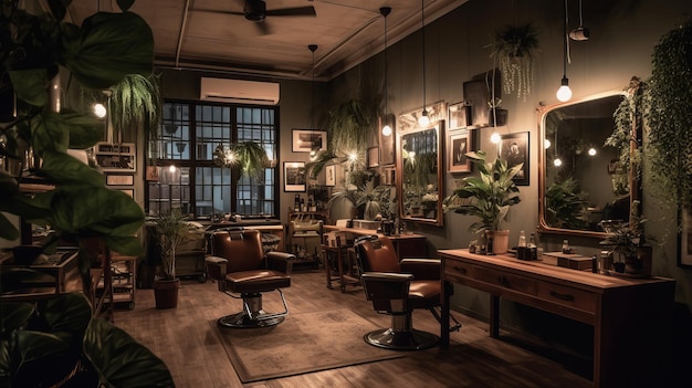 Barbearia com plantas de decoração de atmosfera quente e aconchegante geradas por IA